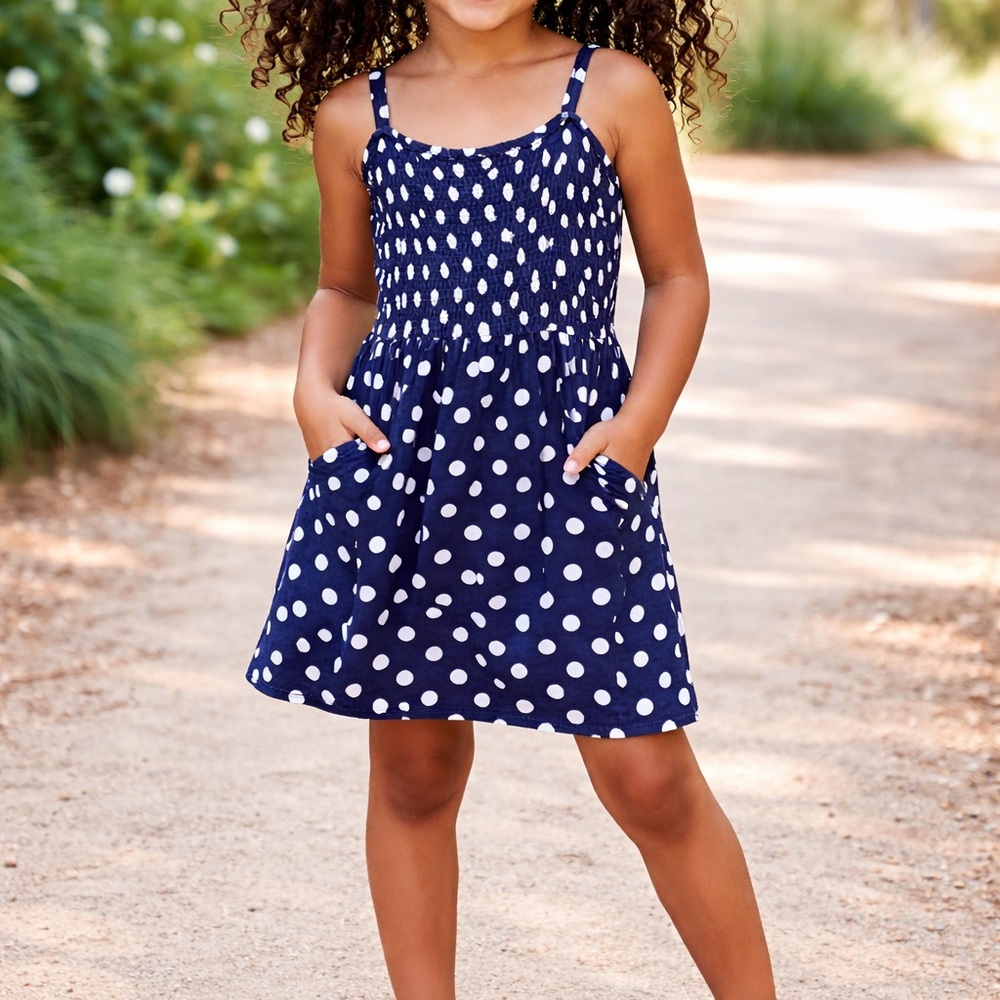 Girls Navy Polka Dot Summer Dress w/ Pockets | Playground-to-Party Cute